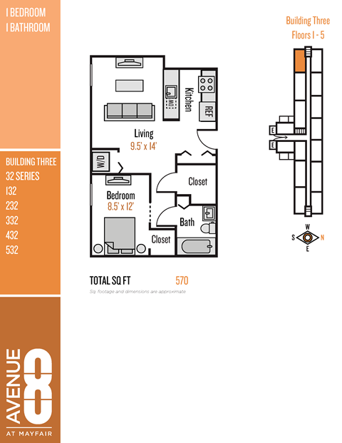 Floor plan for 1 bed, 1 bath, 570 sqft